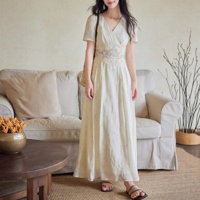 Eryang Design [Nanxi] Tiansi embroidered hollow lace splicing dress for women French retro style long skirt