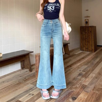 Real shot~light blue slim jeans women's summer high-waisted slim and stretchy flared trousers