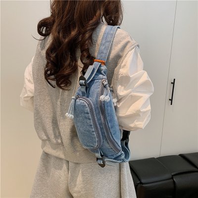 Hong Kong style retro denim waist bag breast bag men and women large capacity fashionable literary student versatile mobile phone crossbody shoulder bag