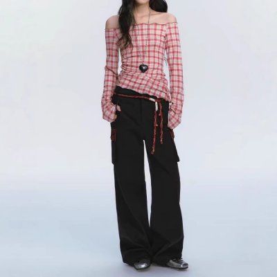 Golden Snake New Early Spring One-Linged Hot Girl Long Sleeve Red Checkered Small Shirt Women