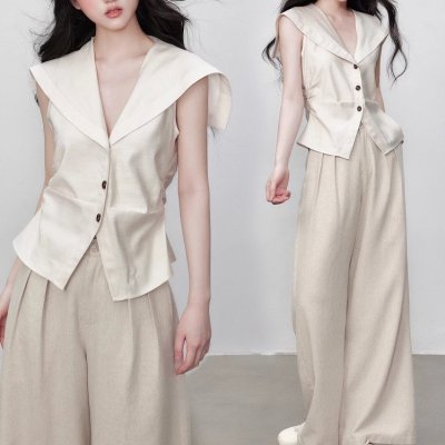 Yuzhi Gao Zhigan Navy neck vest waistband to make you look slim and old-fashioned style sleeveless top in summer