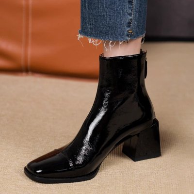 Chelsea short boots patent leather Martin boots for women's square toe thick heels single boots slim short tube high heel boots