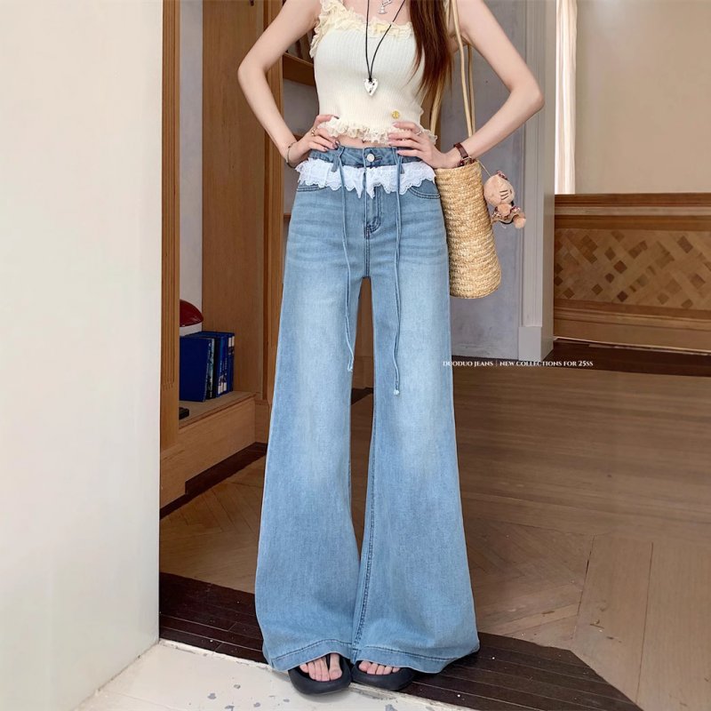 Real photo of lace lace design and slightly flare jeans for women in summer high waist without legs loose wide-leg trousers