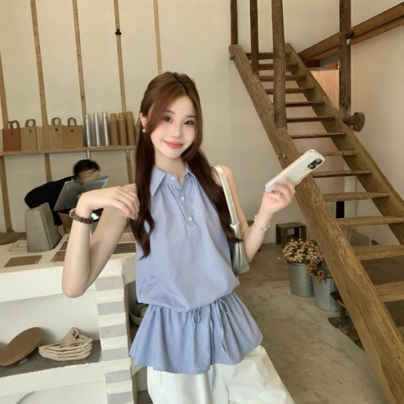 Real photos of summer Korean temperament plaid shirt top drawstring slimming and reducing age-reducing versatile loose-edged vest for women