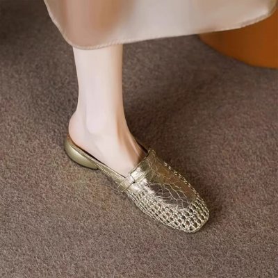 French retro square-toe hollow woven thick heel shoes for women with one foot, casual half slippers for women