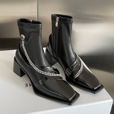 Niche design soft leather square toe thick heel short boots for women chain Martin boots trendy cool single boots stretch thin boots