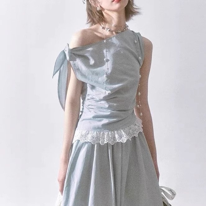 Feney Blue Breakfast Sleeveless Asymmetrical Lace Top + Long Skirt Set