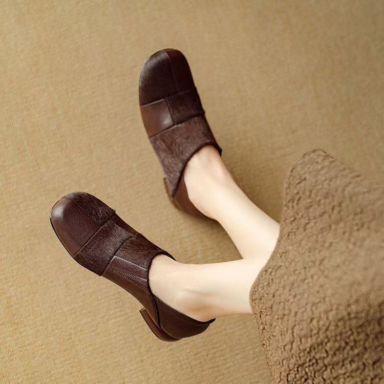 Very good to wear without tiring small single shoes French deep mouth single shoes women's spring and autumn round toe thick heel soft leather shoes