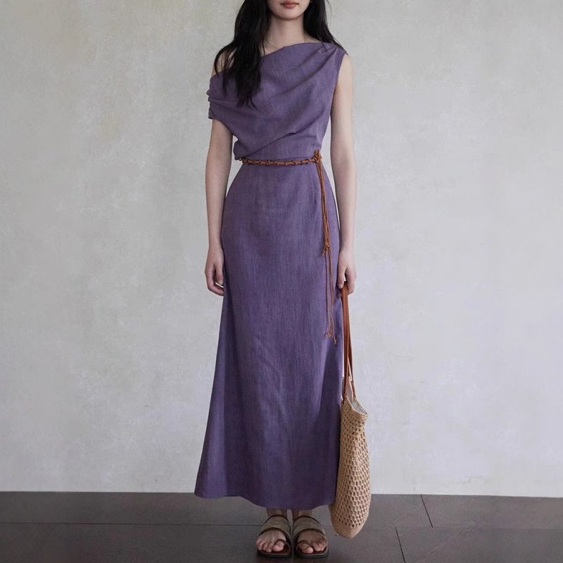 Eryang Design Weiyang New Chinese Style Slanted Neck Dress Female Temperature Purple Design Waist-Close Long Skirt