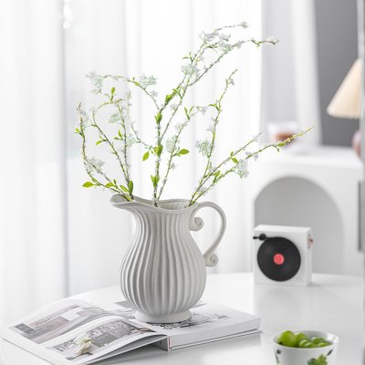 Retro wide-mouth striped ceramic vase high-end feeling small fresh simulated green plants fake flowers home decoration
