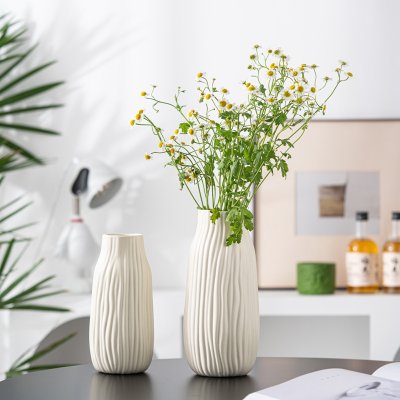 Simple beige matte glaze striped floral vase