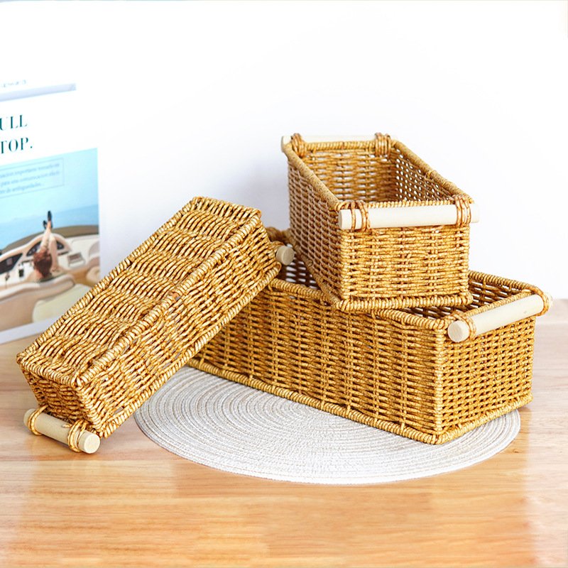 Wind desktop storage box bedroom bathroom skin care product sorting basket imitation rattan kitchen kitchen utensil seasoning storage basket