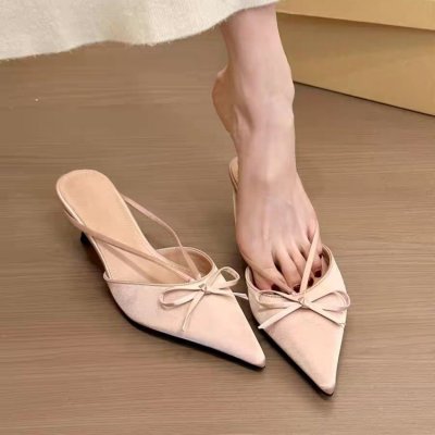 French pointed toe and thin heeled half slippers wearing slim sandals mules with shallow mouth and no tired feet for women