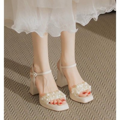 Waterproof platform open-toed sandals for women in summer French skirt with one-strip pearl high heels
