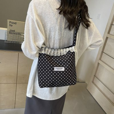 Polka dot lace canvas bag for women single shoulder large capacity tote bag for students class commuting bag
