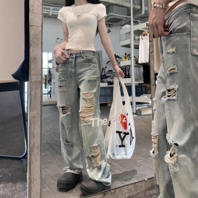 Real photo of American street blue ripped washing jeans for women in spring and summer high waist loose slimming wide-leg pants