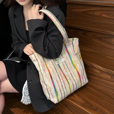 Bags for women's seaside vacation style rainbow striped shoulder bag spring and summer large capacity canvas bag handbag
