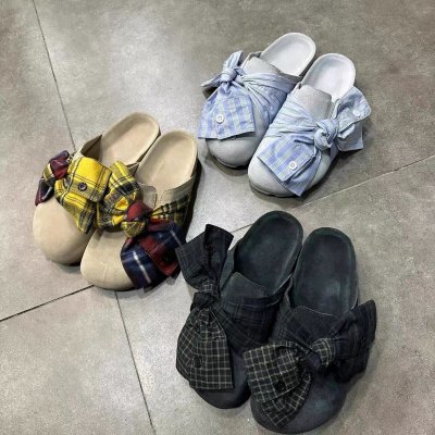 Retro denim plaid bow bag half slippers for women in summer wear lazy sandals