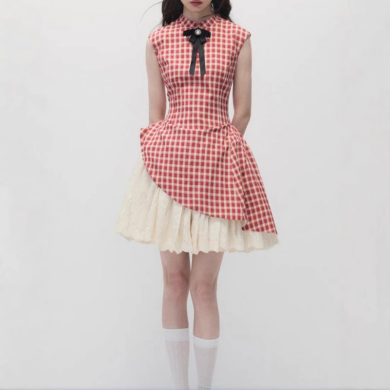 Strawberry cream pie, new Chinese style red plaid waist-hugging and slim small stand-up collar dress for women
