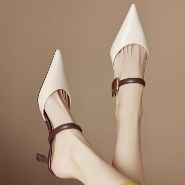 French summer light mouth pointed toe thin heel strap bag head soft leather temperament slippers for women wearing sandals