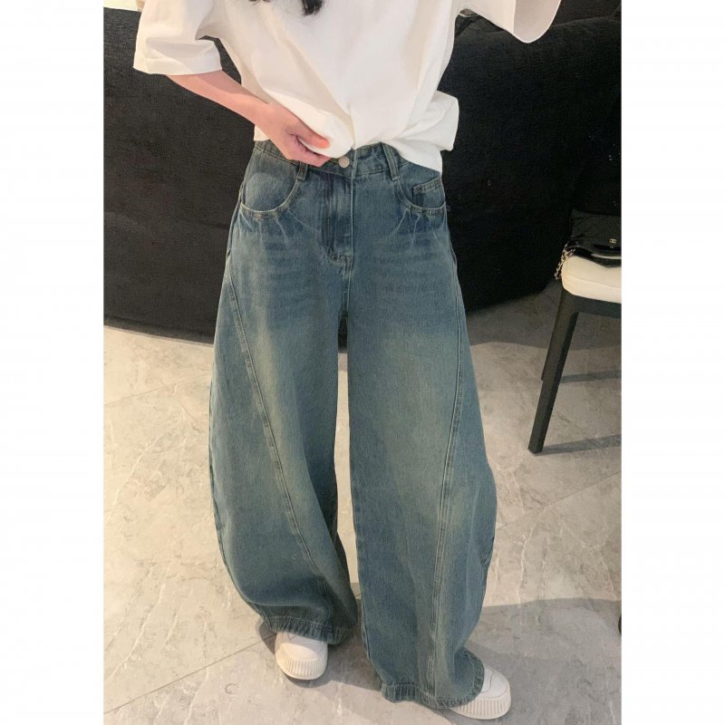 American retro denim scimitar pants spring loose and versatile design wide-leg pants high-waist casual pants trendy