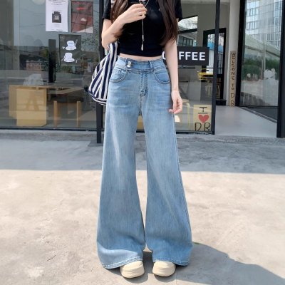 Real photos of summer loose and slightly loose elastic jeans for women's casual and versatile wide-leg trousers