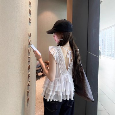 Real photo of pure white ruffled lace shirt for women's summer design niche slim fit slim top