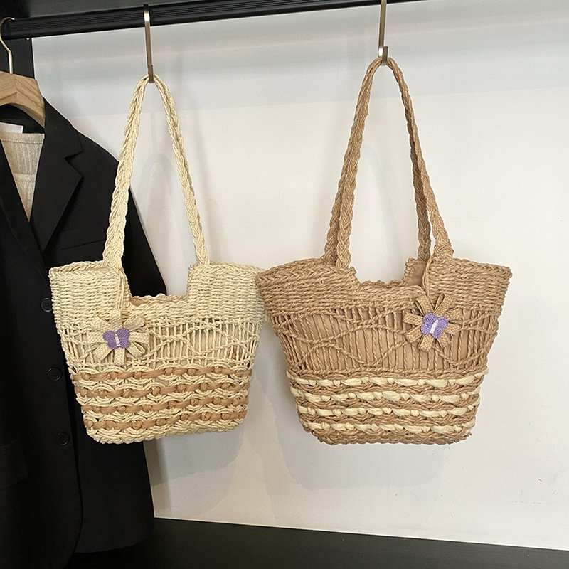 Woven straw shoulder bag versatile large capacity tote bag with lining hollow wave ripples summer beach women's bag