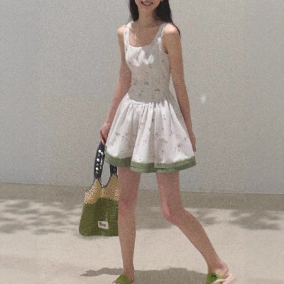 / "Picnic Note" Tencel Linen Spring Texture Relaxation Print Slim Pure Vest Dress