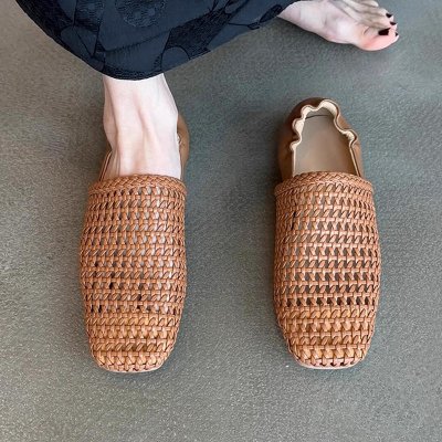 Soft leather version ~ Retro braided super soft leather single shoes for women simple square head hollowed out breathable flat mules
