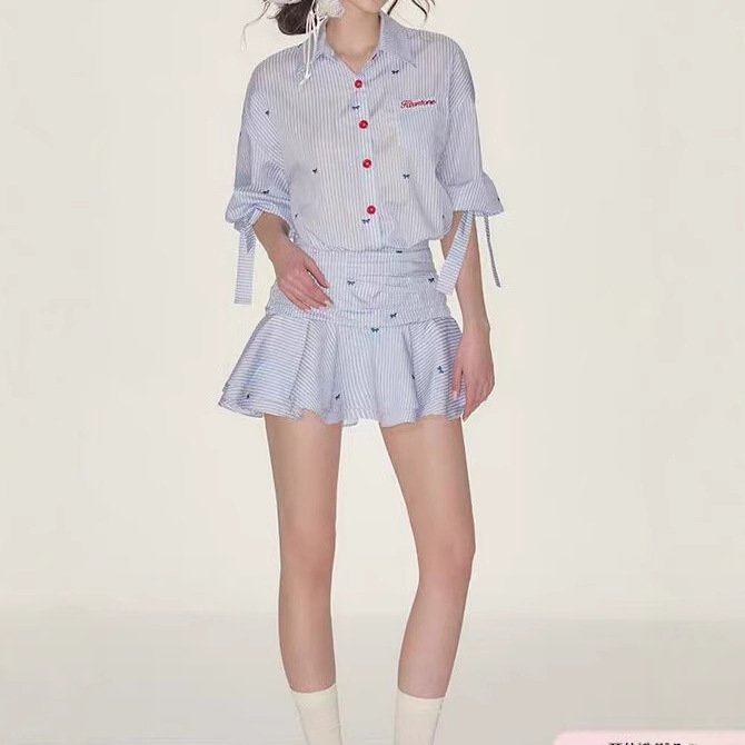 Lapel mid-sleeved waist-hugging shirt skirt blue and white striped dress ruffled pleated skirt