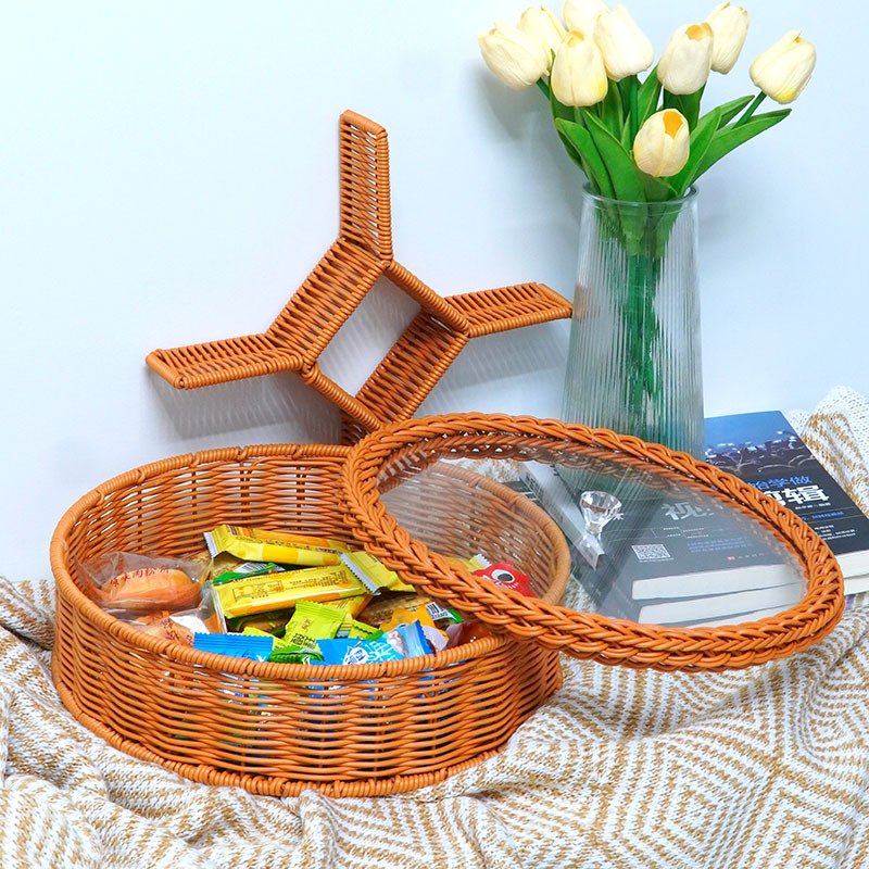 Imitation rattan woven with lid five-point lattice fruit basket living room coffee table dried fruit plate high-end storage box household melon seeds dessert plate