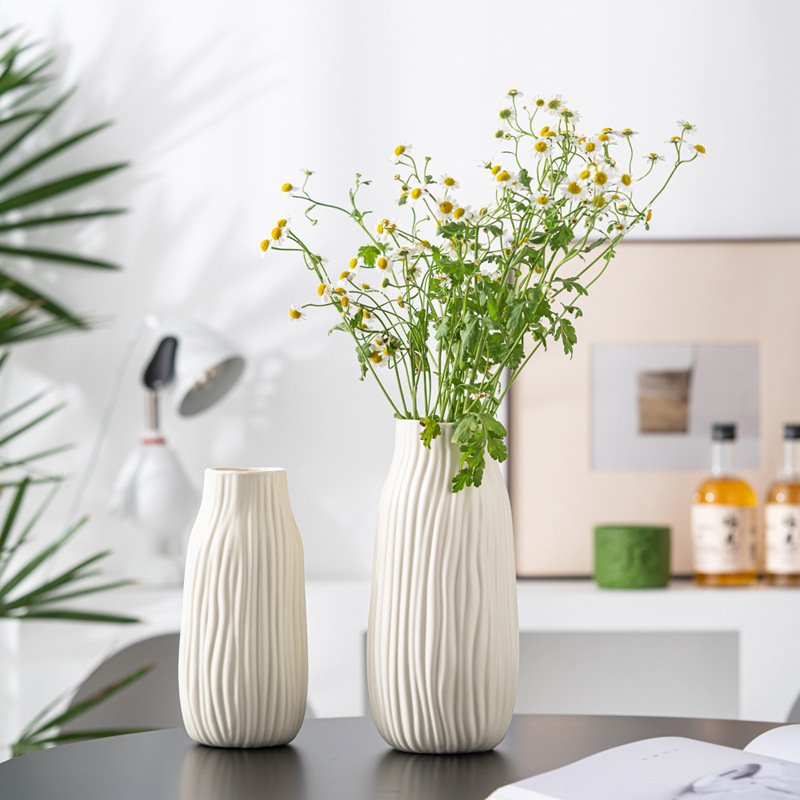 Simple beige matte glaze striped floral vase