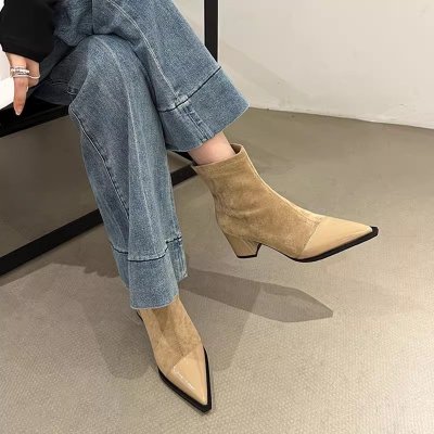 French slim elastic short boots for women in autumn and winter small fragrance style pointed toe thick heel thin boots for women high heels
