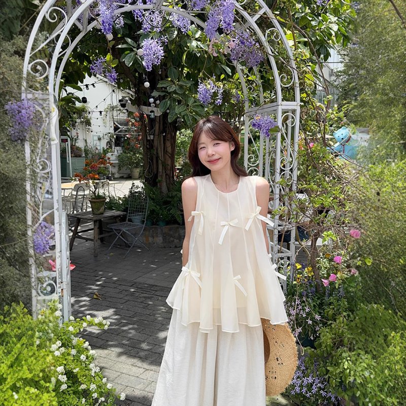 Real shot~ Summer heavy industry splicing bow vest sweet and cute age-reducing puffy sleeveless top