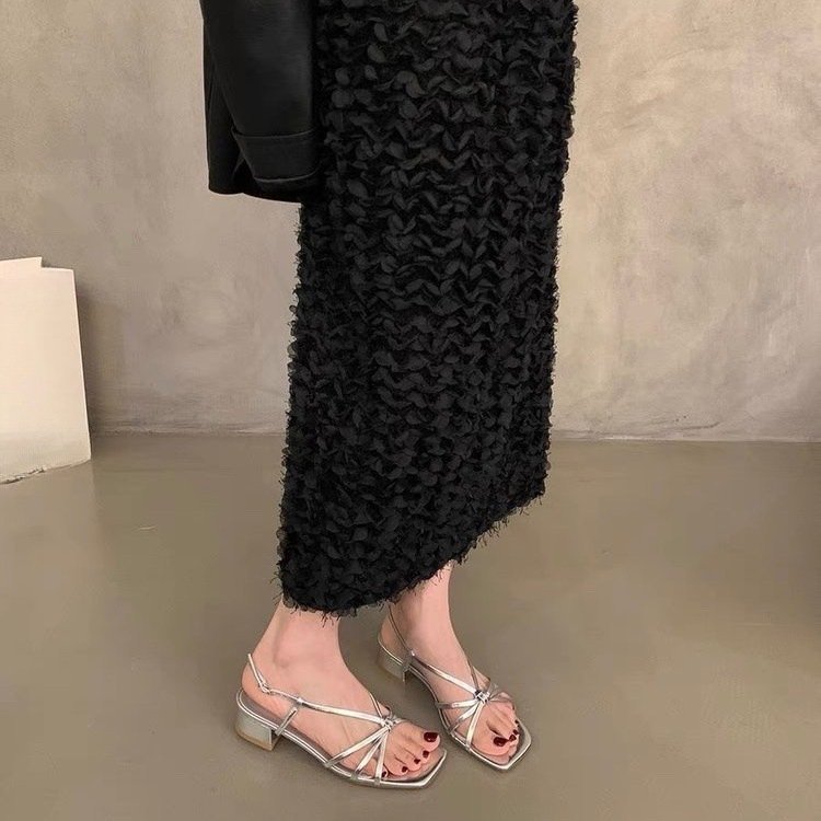French evening wind thick heel silver sandals simple shoes summer skirt fairy shoes high heel sandals