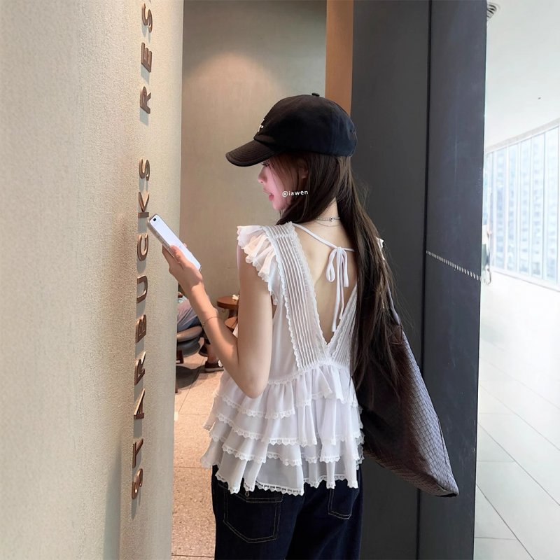 Real photo of pure white ruffled lace shirt for women's summer design niche slim fit slim top