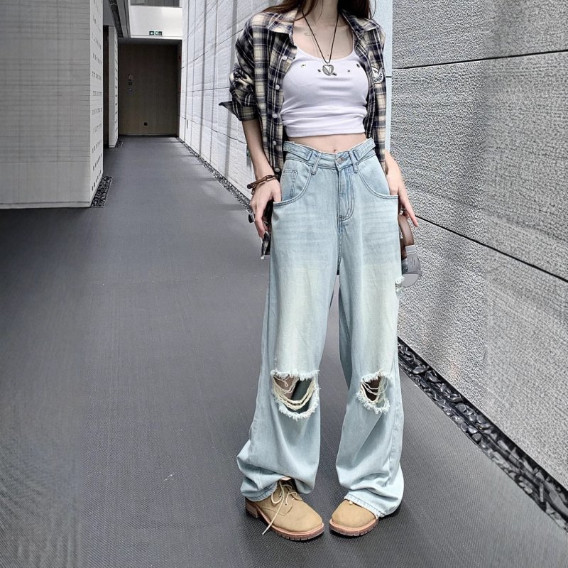 American street ripped jeans women's spring loose casual pants retro nostalgic loose wide-leg pants trousers