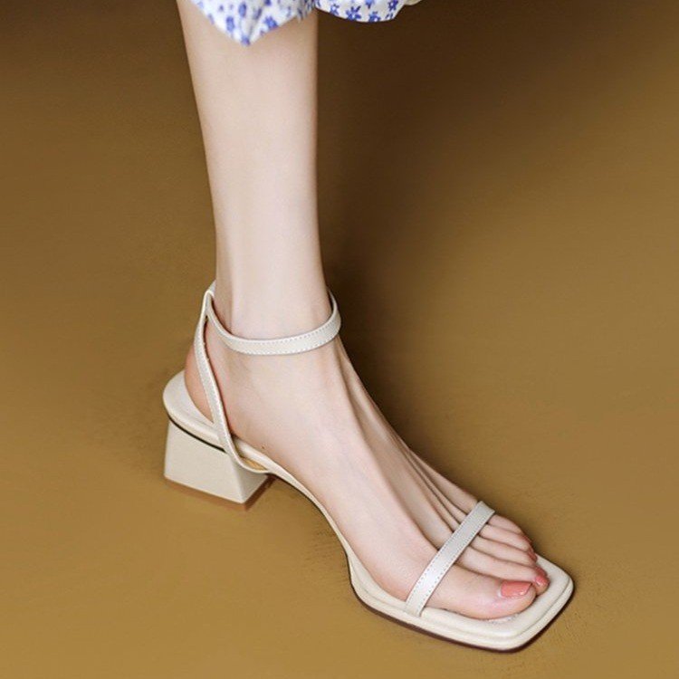 French summer soft leather retro mid-heel simple open toe square toe thick heel fairy sandals for women