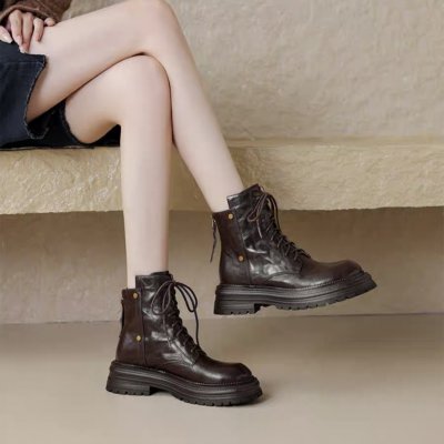 French retro simple brown thick-soled lace-up short boots for women in autumn and winter round toe British style Martin boots trend