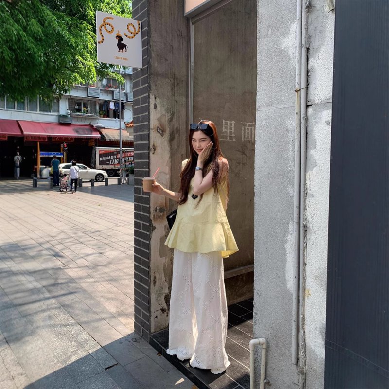 Real shot Korean design sense front and back two-collar shirt versatile lace wide-leg pants suit for women