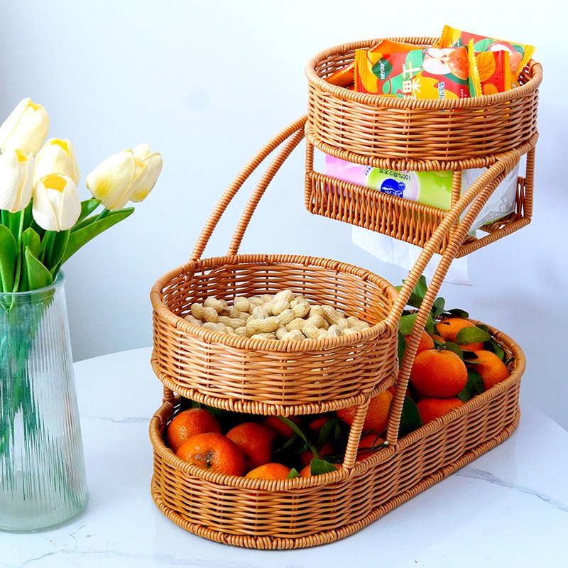 Imitation rattan multi-layer fruit basket living room coffee table dried fruit snack candy plating multi-function storage display stand