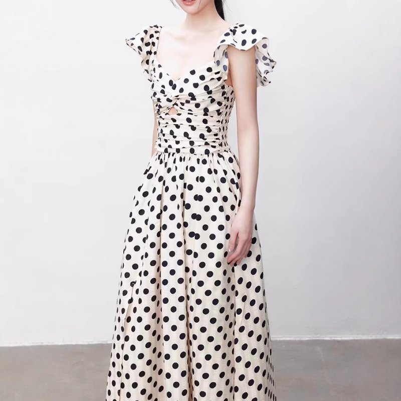 Yuzhi high-end polka dot dress summer pleated waist-hugging long skirt to make you look slim and elegant