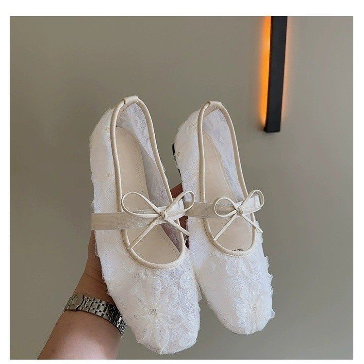 Lace mesh ballet style light mouth single shoes for women summer bow one-liner Mary Jane women's shoes