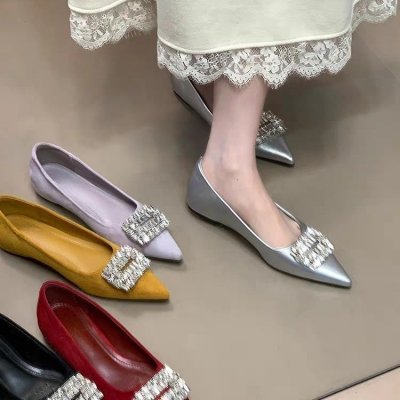 French style high-rise shoes for women's shoes for spring pointed toe rhinestone square buckle with skirt flat-soled evening breeze shoes