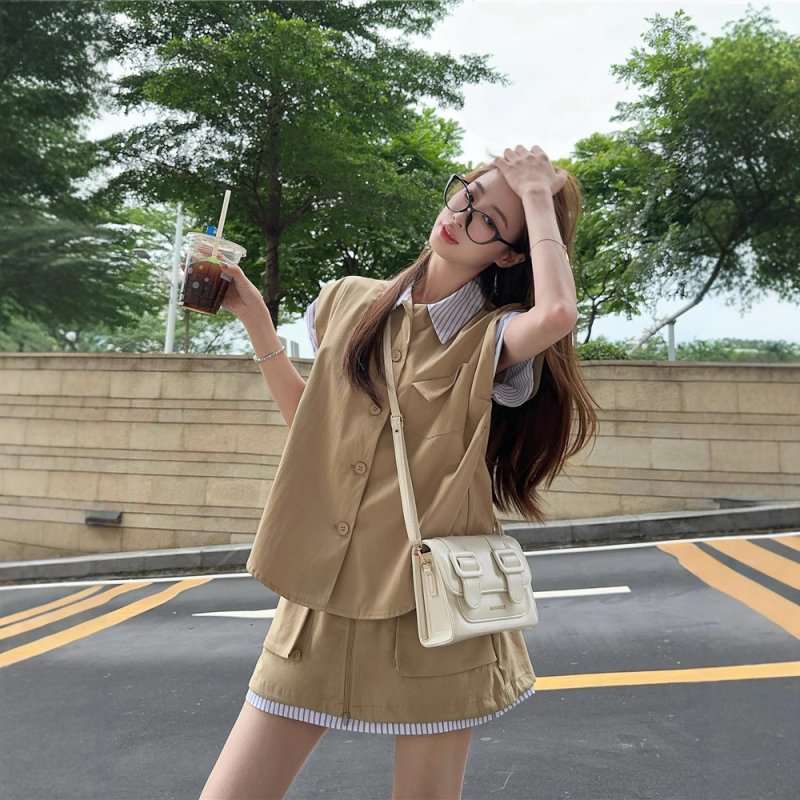 Real shot~Fake two-piece splicing design-sleeved lapel sleeveless casual vest work skirt fashion suit for women