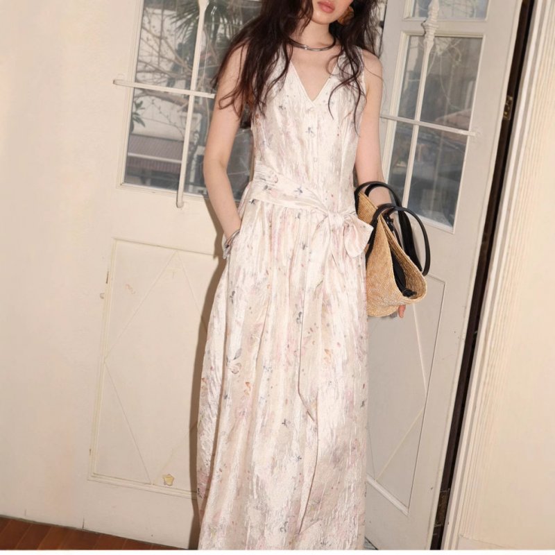 Simple linen wrinkle printed collar tie spring print flower bud dress