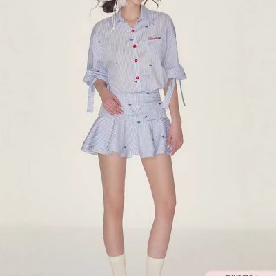 Lapel mid-sleeved waist-hugging shirt skirt blue and white striped dress ruffled pleated skirt
