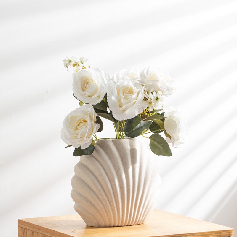 Scallop ceramic vase high-end bookshelf frosted texture art flower arrangement soft decoration home decoration