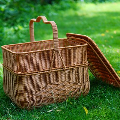 Imitation rattan house cargo basket double-layer worship basket outdoor rectangular picnic basket with cover wedding ceremony gift basket woven basket
